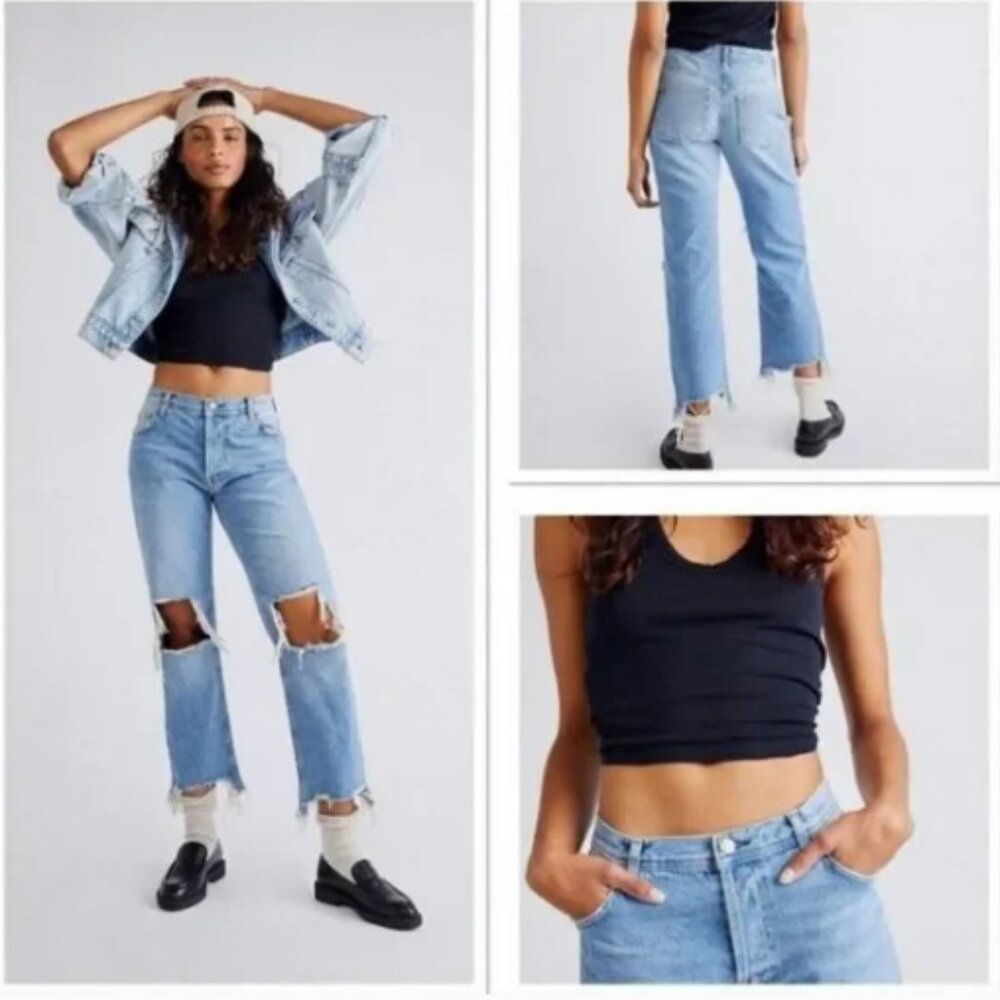 We The Free Maggie Jeans Free People 26 Vintage Indigo Raw Hem‎ Destroyed Button
